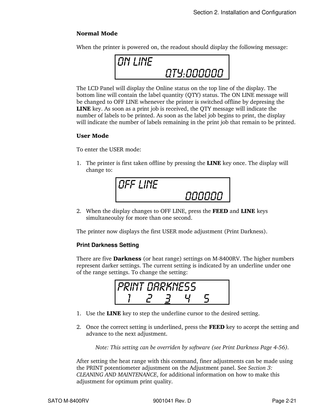 SATO M-8400RV manual User Mode, Print Darkness Setting 