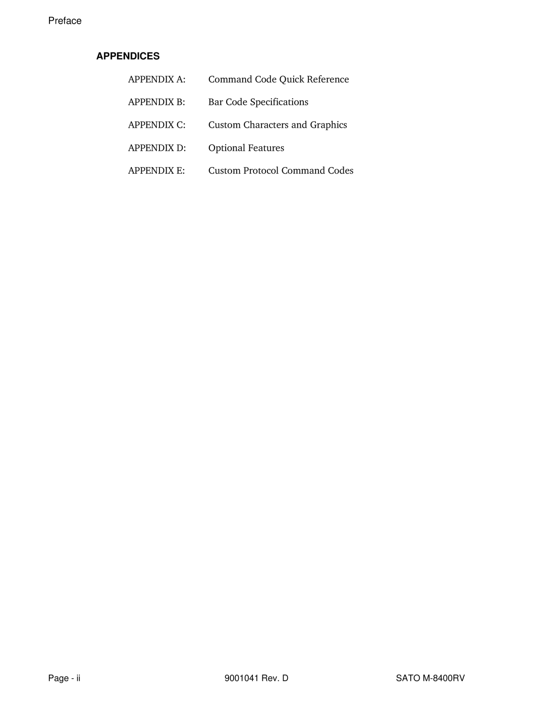 SATO M-8400RV manual Preface, Appendices 