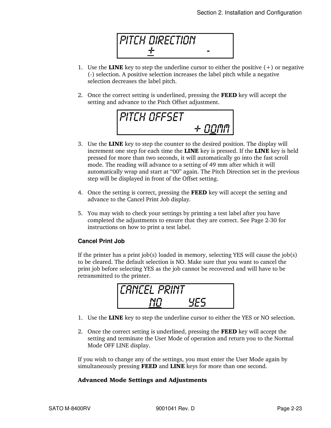 SATO M-8400RV manual Pitch Direction, Cancel Print Job 