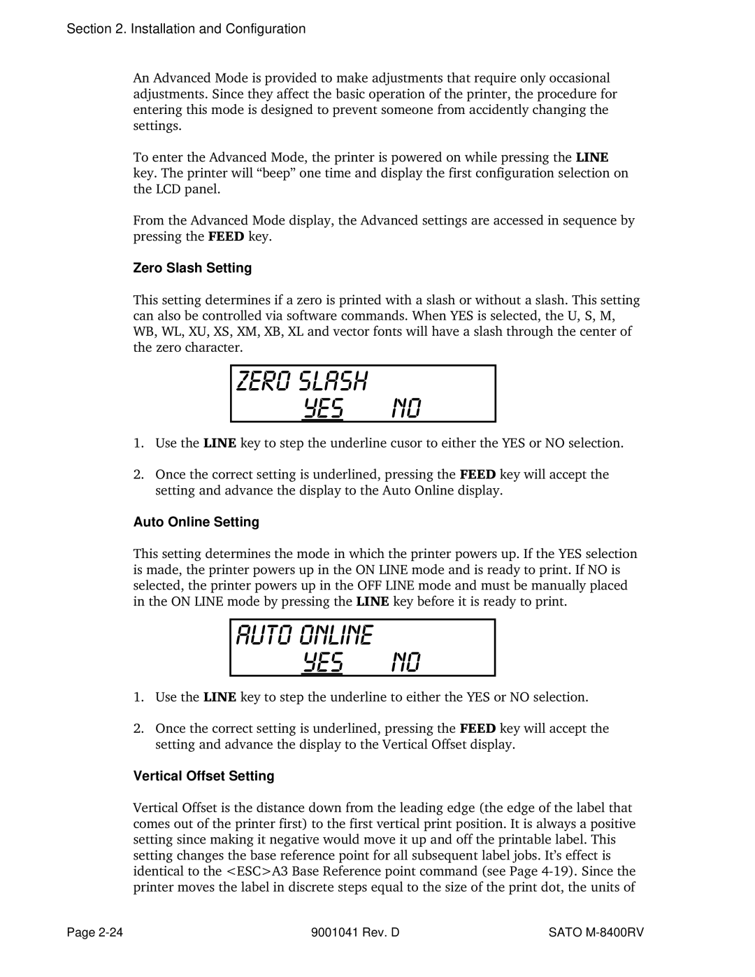 SATO M-8400RV manual Zero Slash Setting, Auto Online Setting, Vertical Offset Setting 