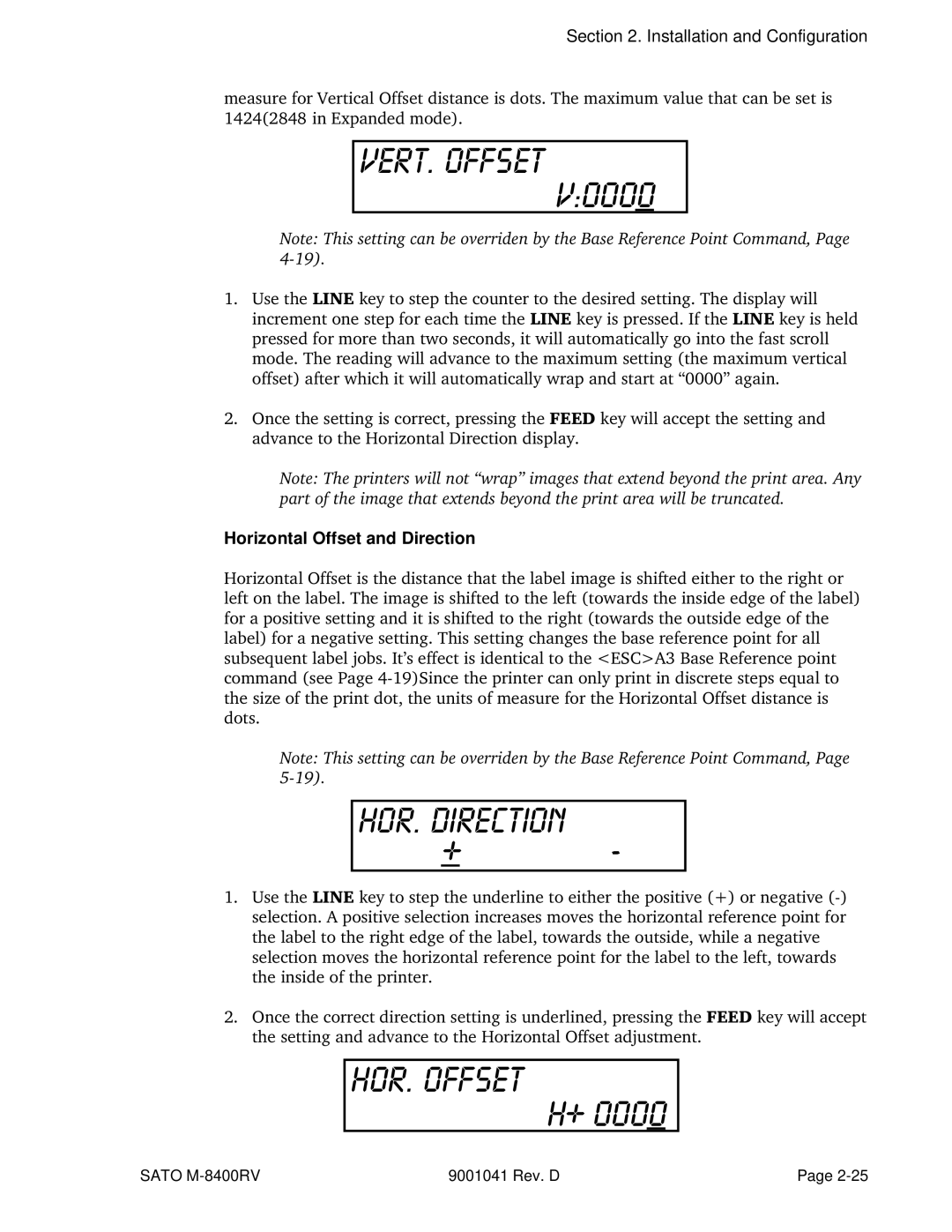SATO M-8400RV manual VERT. Offset, Horizontal Offset and Direction 