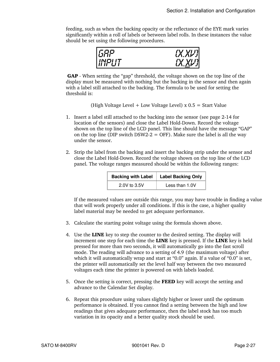 SATO M-8400RV manual GAP Input, Backing with Label Label Backing Only 0V to Less than 