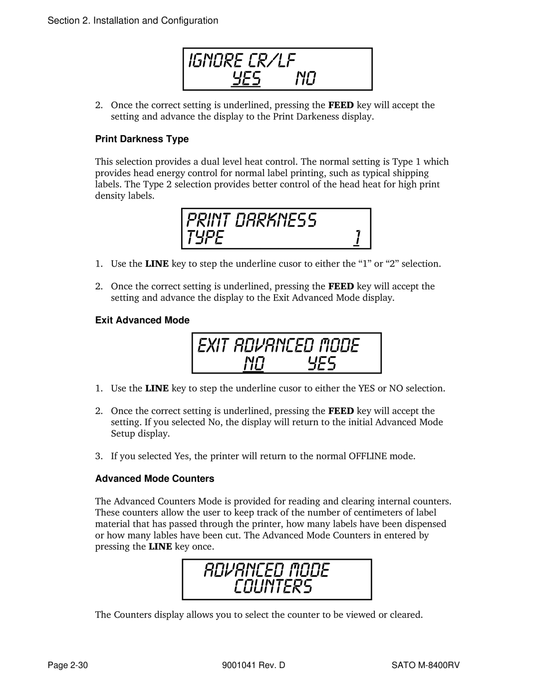 SATO M-8400RV manual Print Darkness Type, Exit Advanced Mode, Advanced Mode Counters 