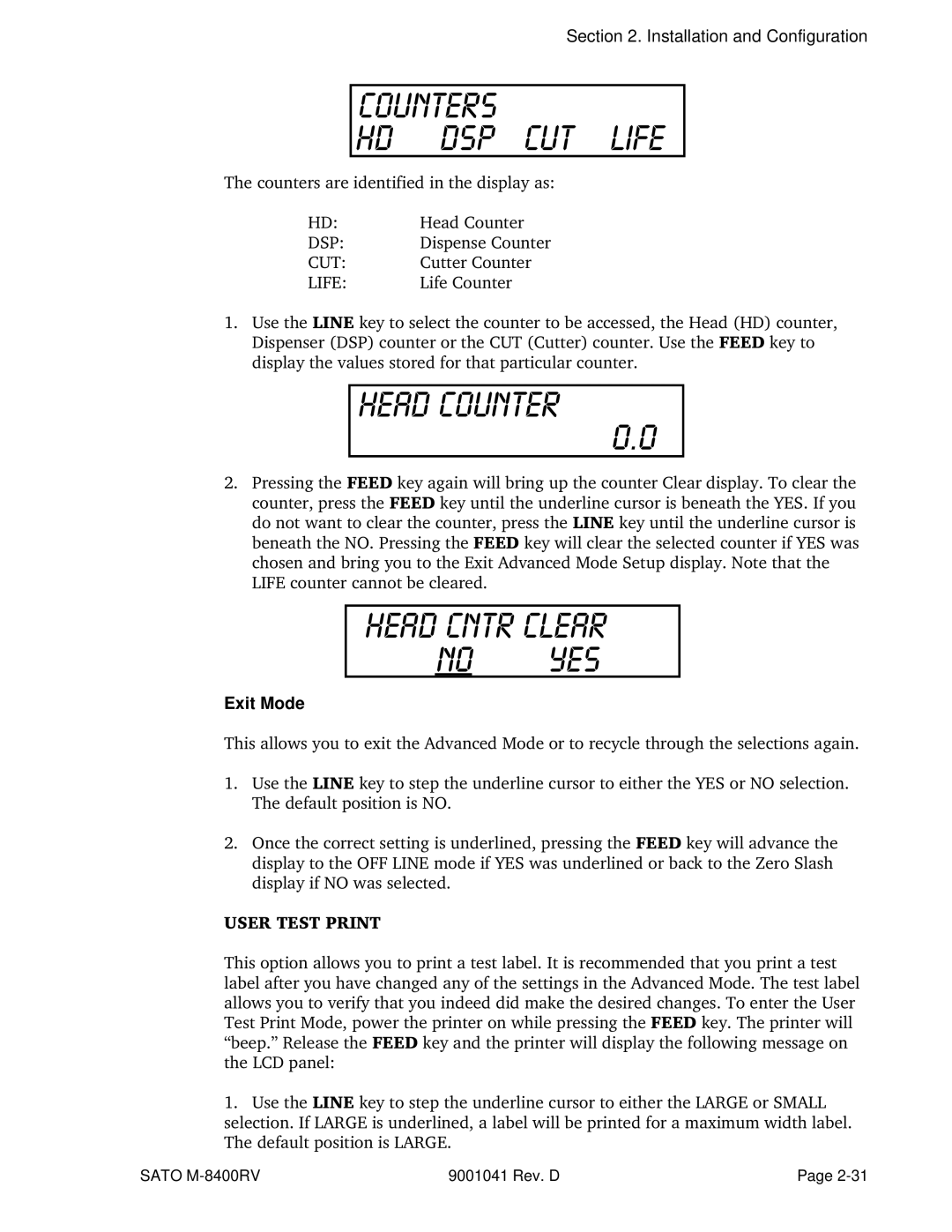 SATO M-8400RV manual COUNTERs Hd dsp cut life, Exit Mode 