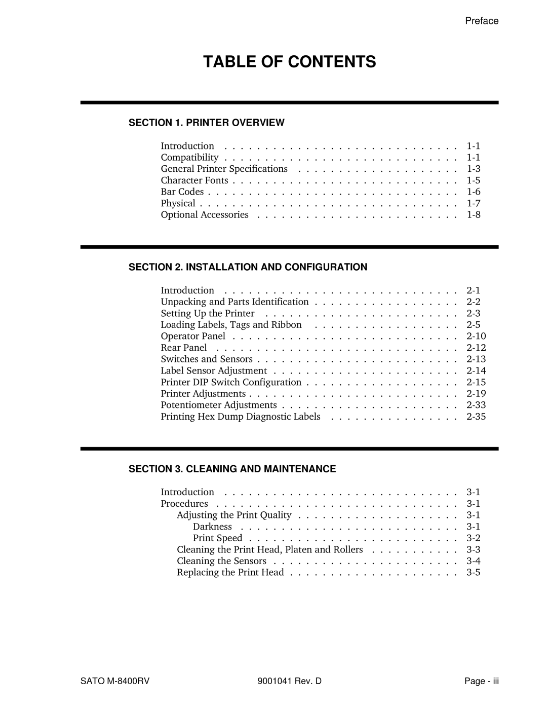 SATO M-8400RV manual Table of Contents 