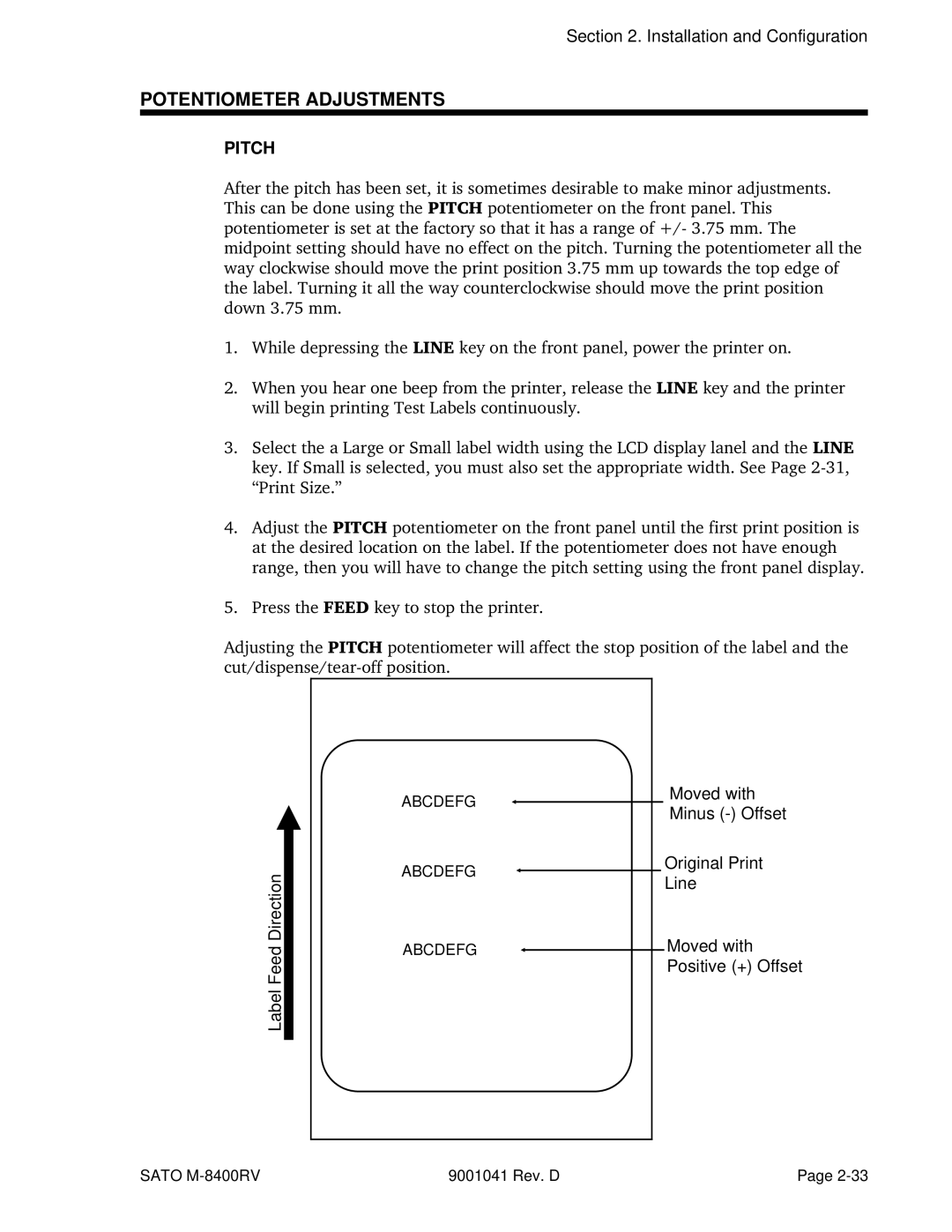 SATO M-8400RV manual Potentiometer Adjustments, Direction 