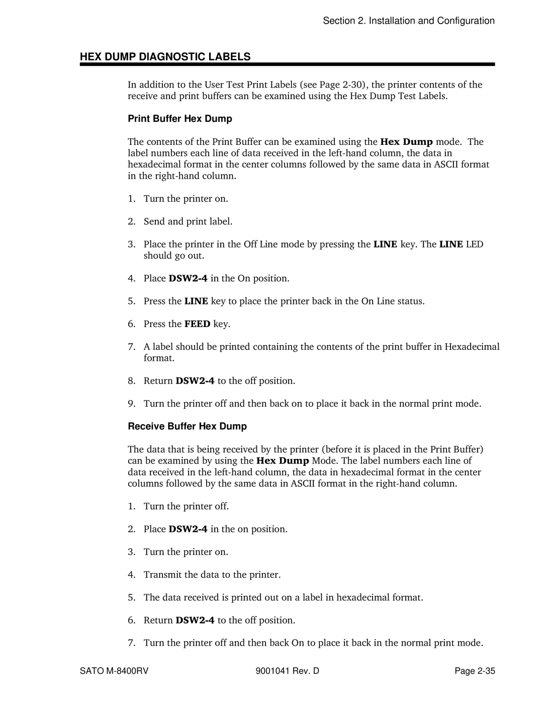 SATO M-8400RV manual HEX Dump Diagnostic Labels, Print Buffer Hex Dump, Receive Buffer Hex Dump 