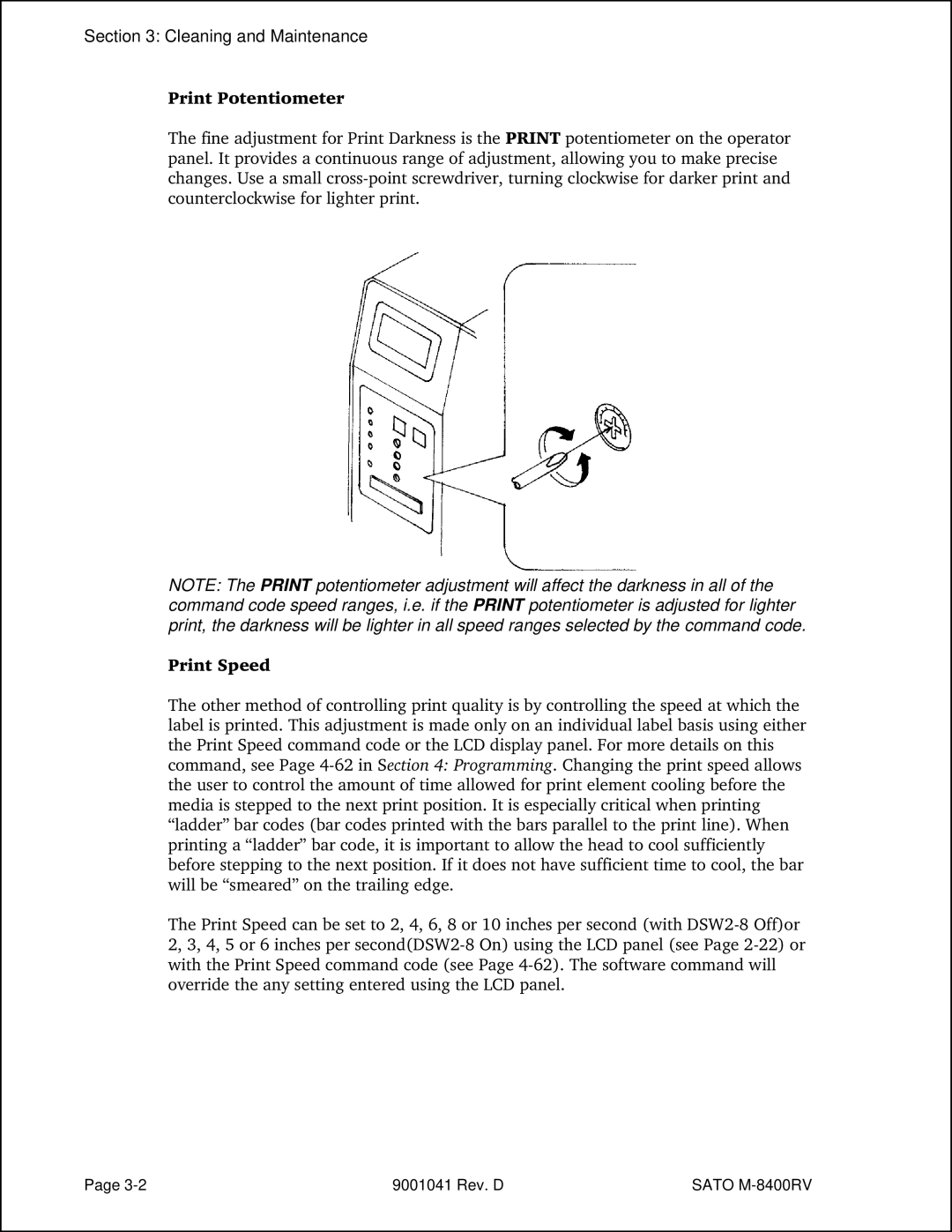 SATO M-8400RV manual Cleaning and Maintenance, Print Potentiometer 