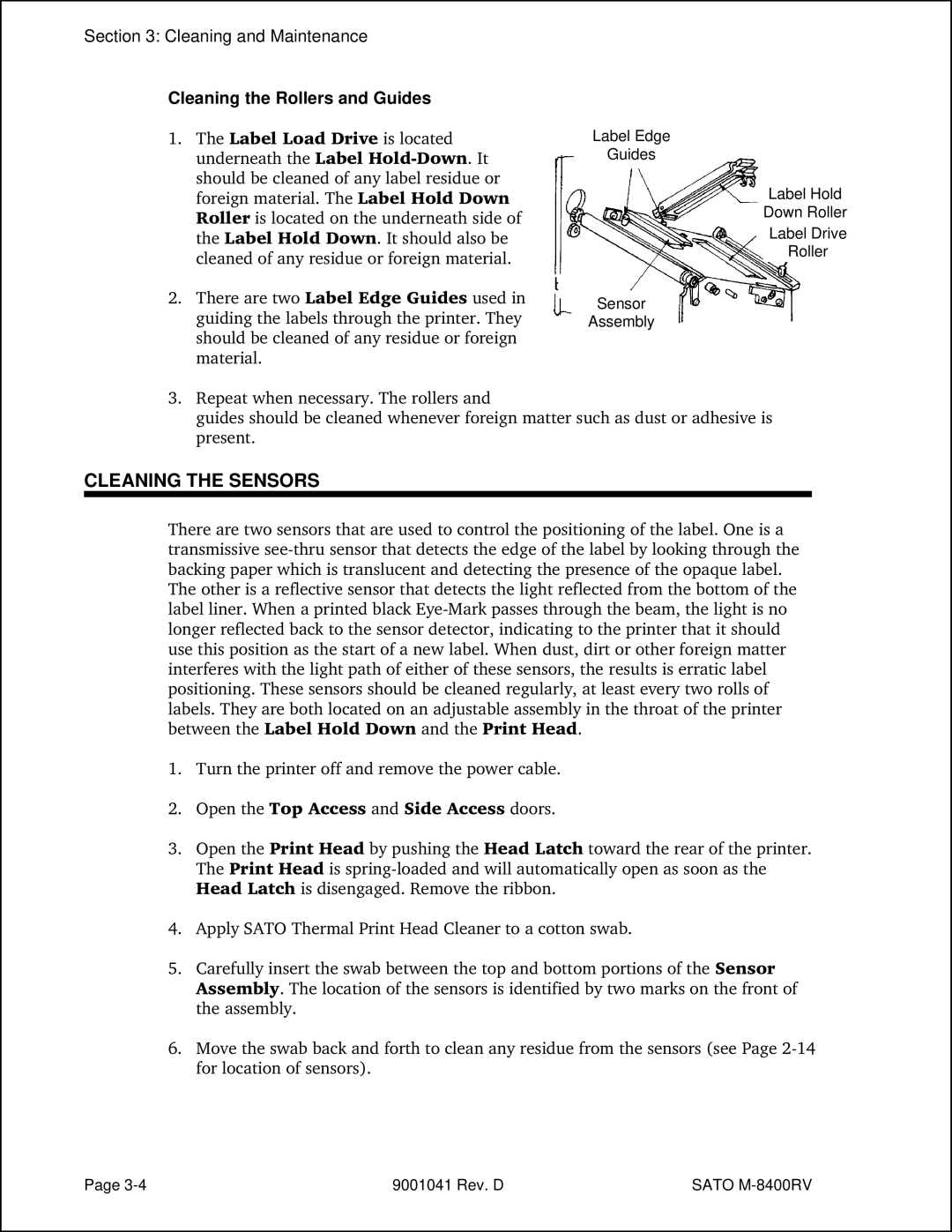 SATO M-8400RV manual Cleaning the Sensors, Cleaning the Rollers and Guides 