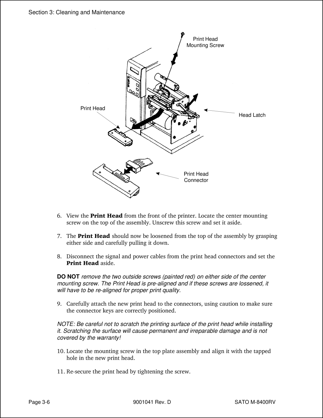 SATO M-8400RV manual Print Head Mounting Screw Head Latch Connector 