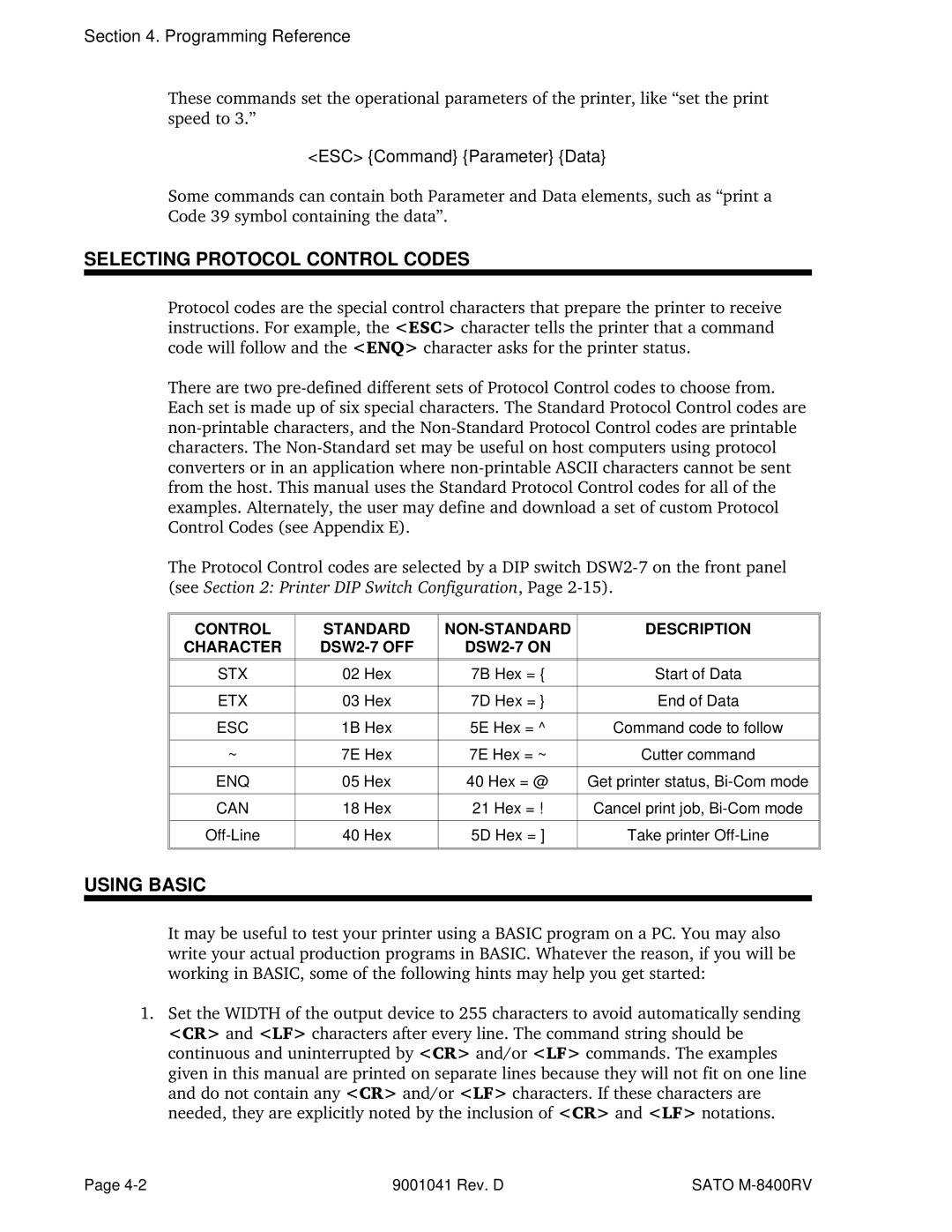 SATO M-8400RV Selecting Protocol Control Codes, Using Basic, Programming Reference, ESC Command Parameter Data, DSW2-7 on 