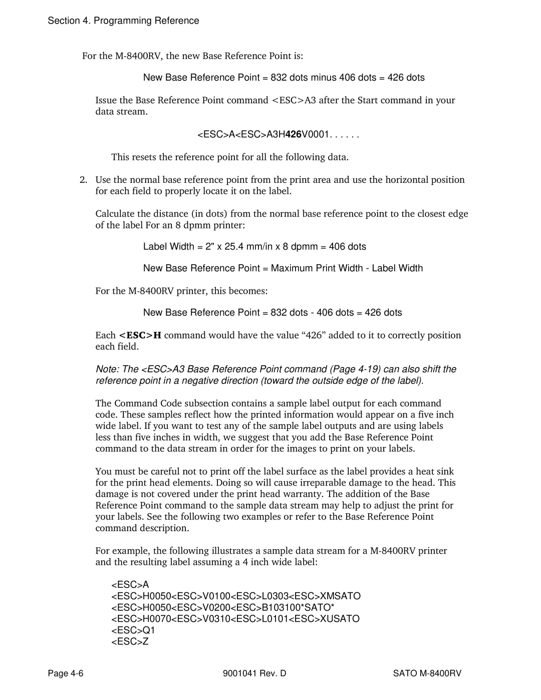 SATO M-8400RV ESCAESCA3H426V0001, New Base Reference Point = 832 dots 406 dots = 426 dots, ESCH0050ESCV0200ESCB103100*SATO 