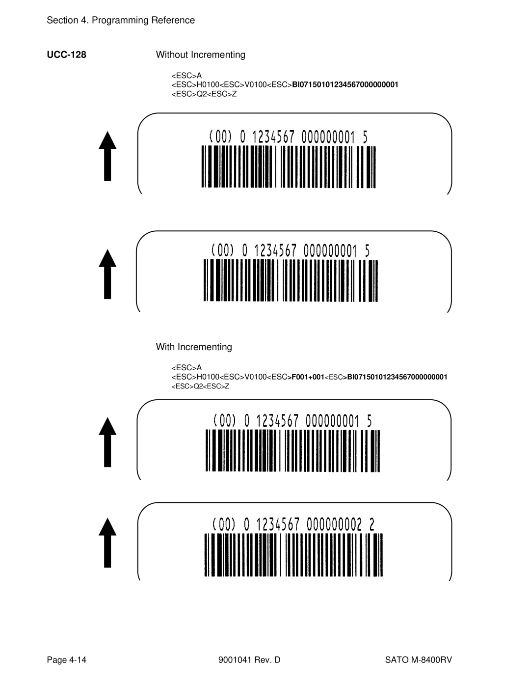 SATO M-8400RV manual UCC-128, Without Incrementing, With Incrementing 