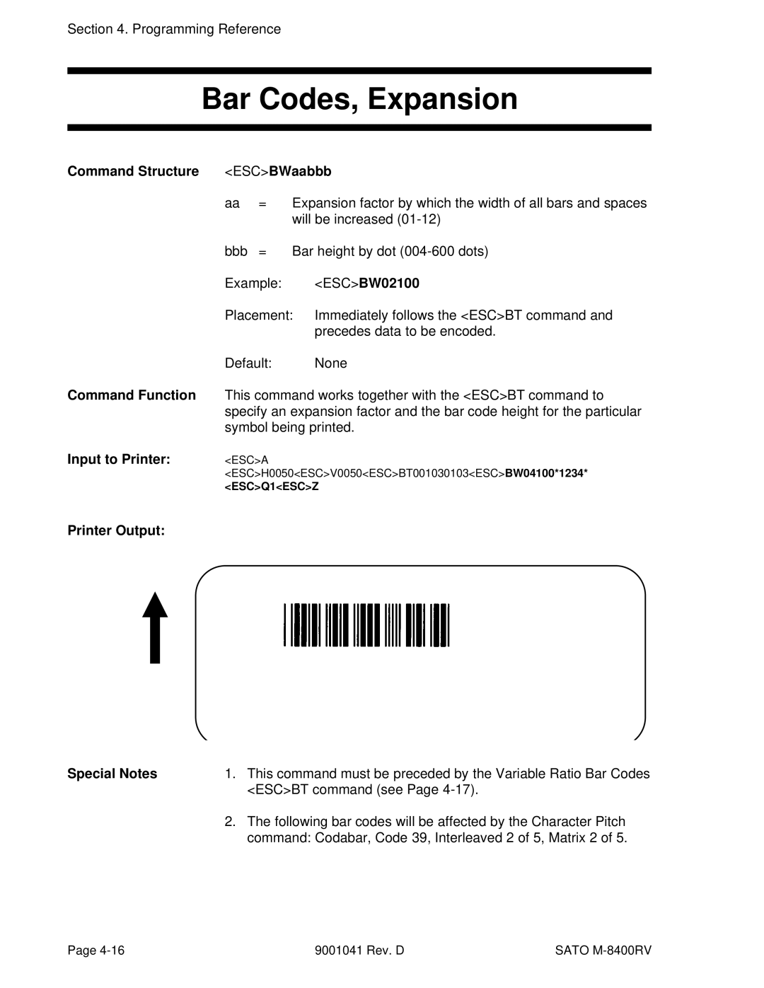 SATO M-8400RV manual Bar Codes, Expansion, Command Structure ESCBWaabbb, ESCBW02100, Command Function 