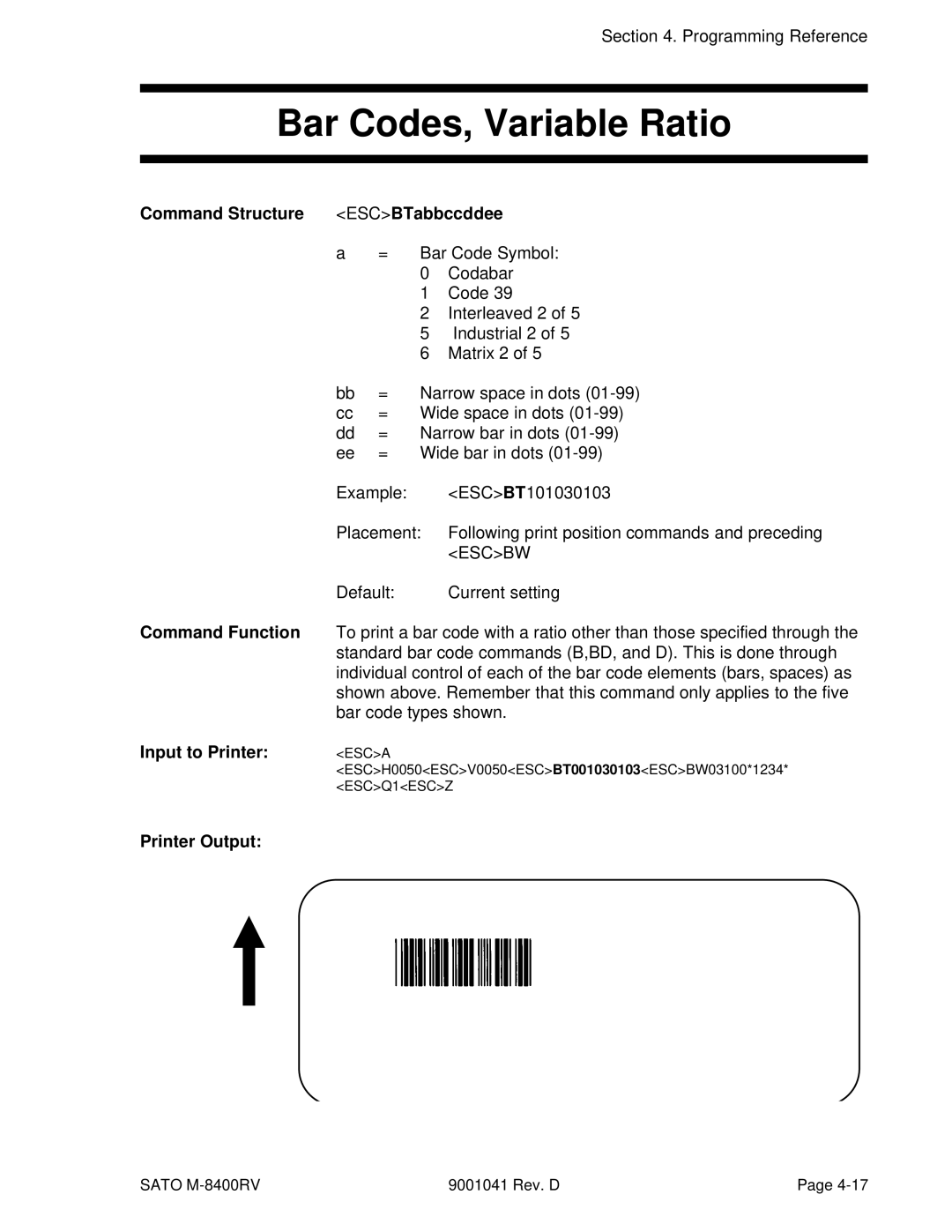 SATO M-8400RV manual Bar Codes, Variable Ratio, Command Structure ESCBTabbccddee 