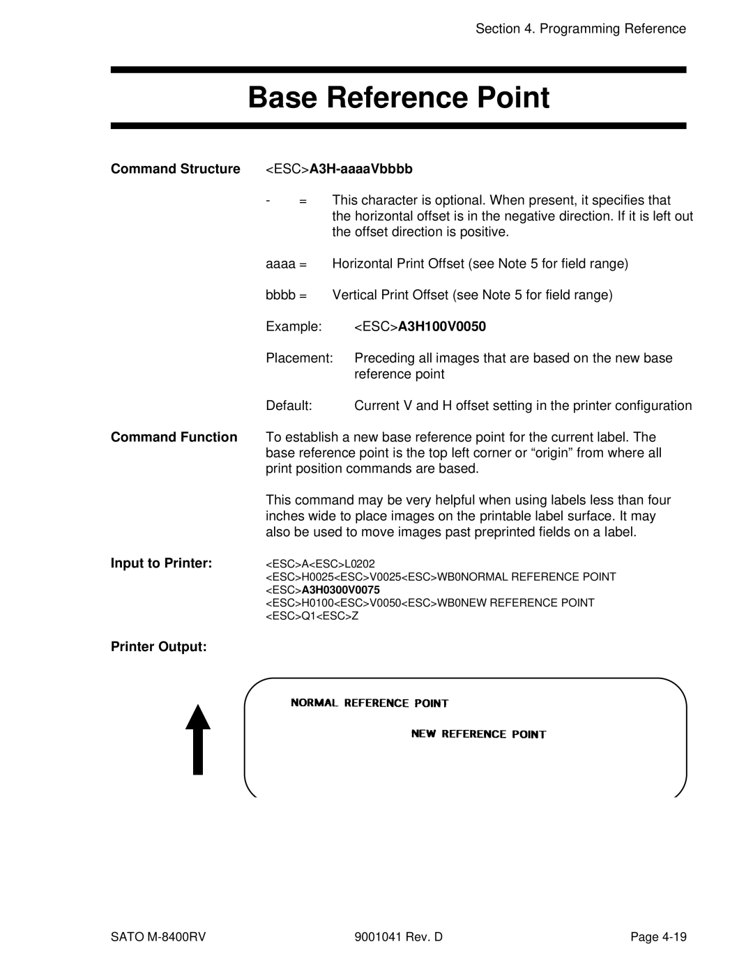 SATO M-8400RV manual Base Reference Point, Command Structure ESCA3H-aaaaVbbbb, ESCA3H100V0050 