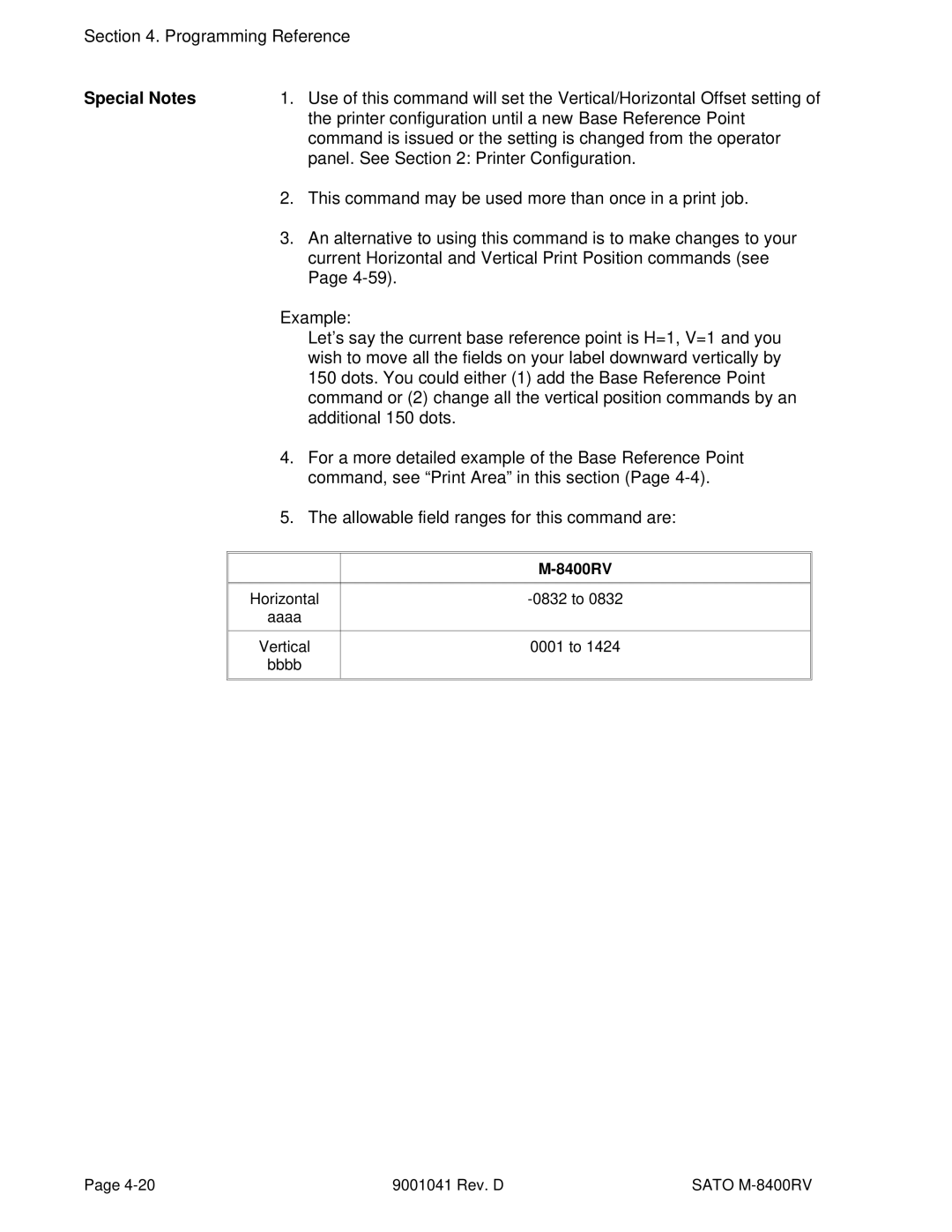 SATO M-8400RV manual Printer configuration until a new Base Reference Point, Panel. See Printer Configuration 