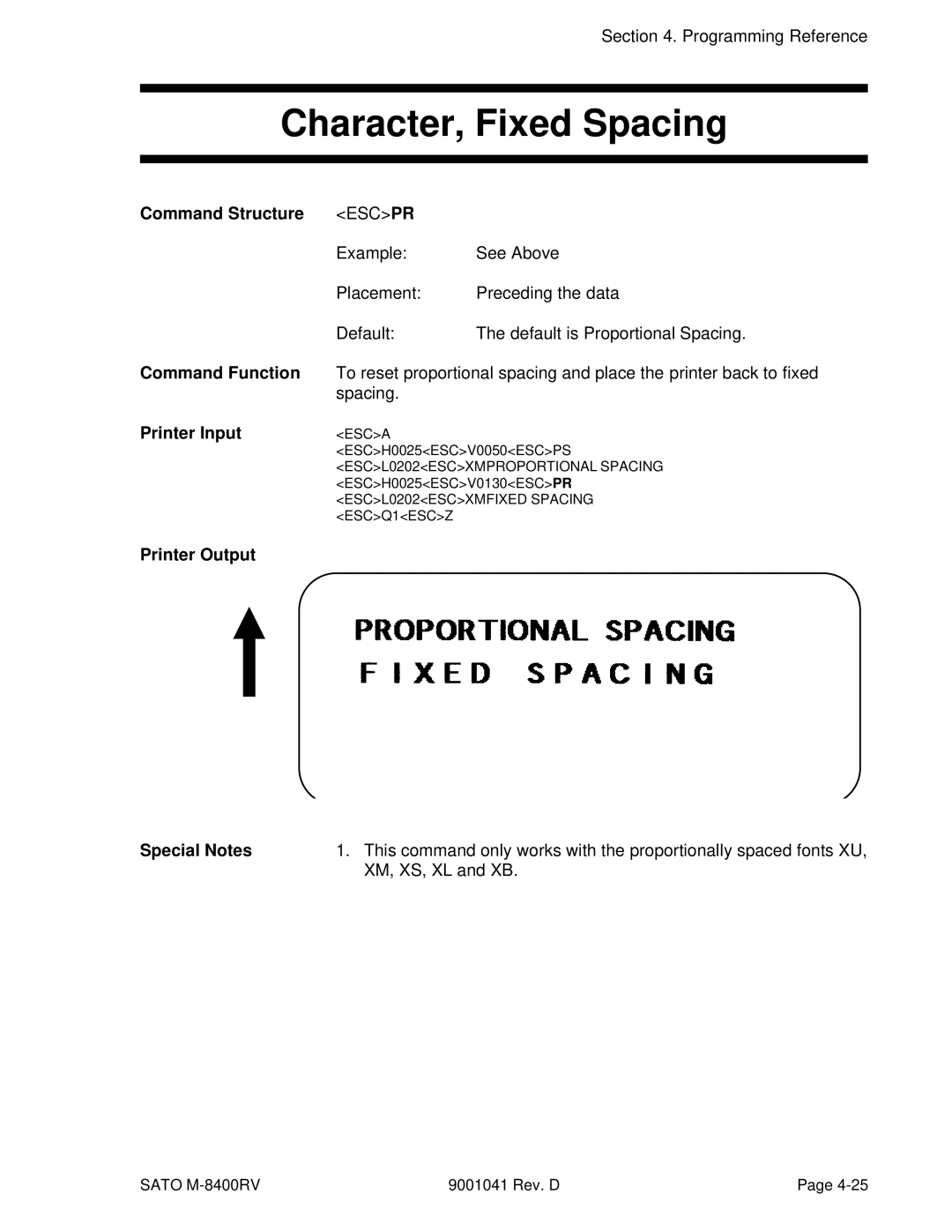 SATO M-8400RV manual Character, Fixed Spacing, Command Structure, XM, XS, XL and XB 