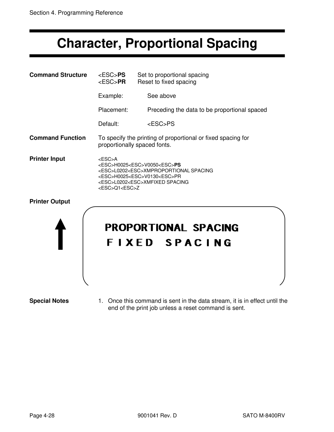 SATO M-8400RV manual Character, Proportional Spacing, Set to proportional spacing, Reset to fixed spacing 