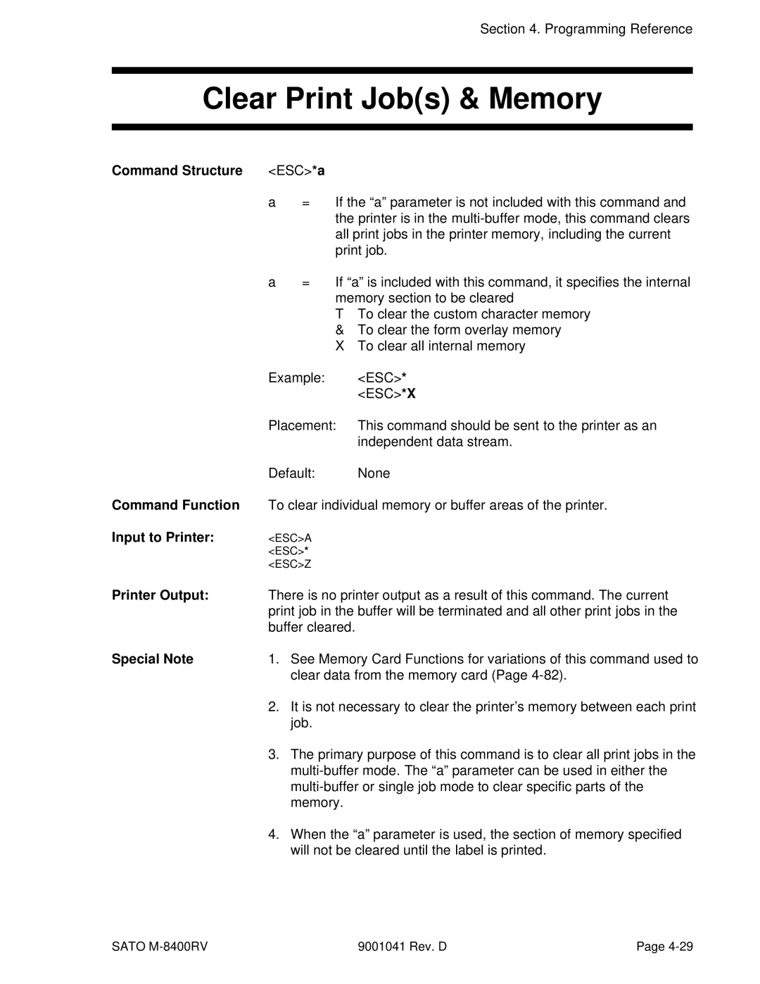 SATO M-8400RV manual Clear Print Jobs & Memory, Command Structure ESC*a, Special Note 