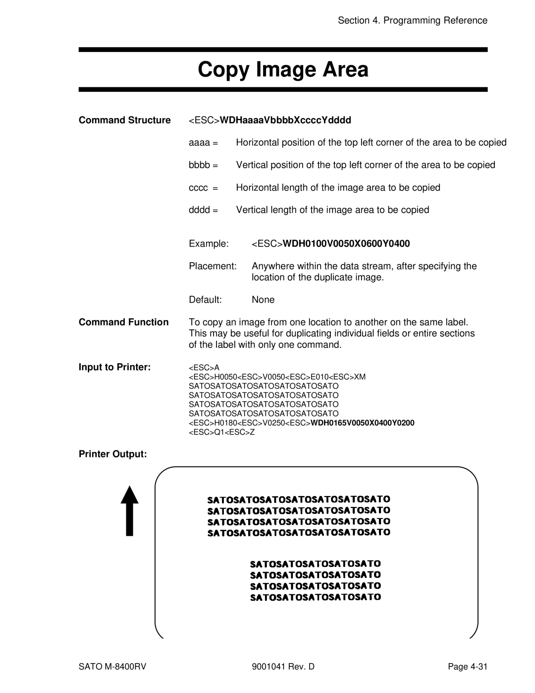 SATO M-8400RV manual Copy Image Area, Command Structure ESCWDHaaaaVbbbbXccccYdddd, ESCWDH0100V0050X0600Y0400 