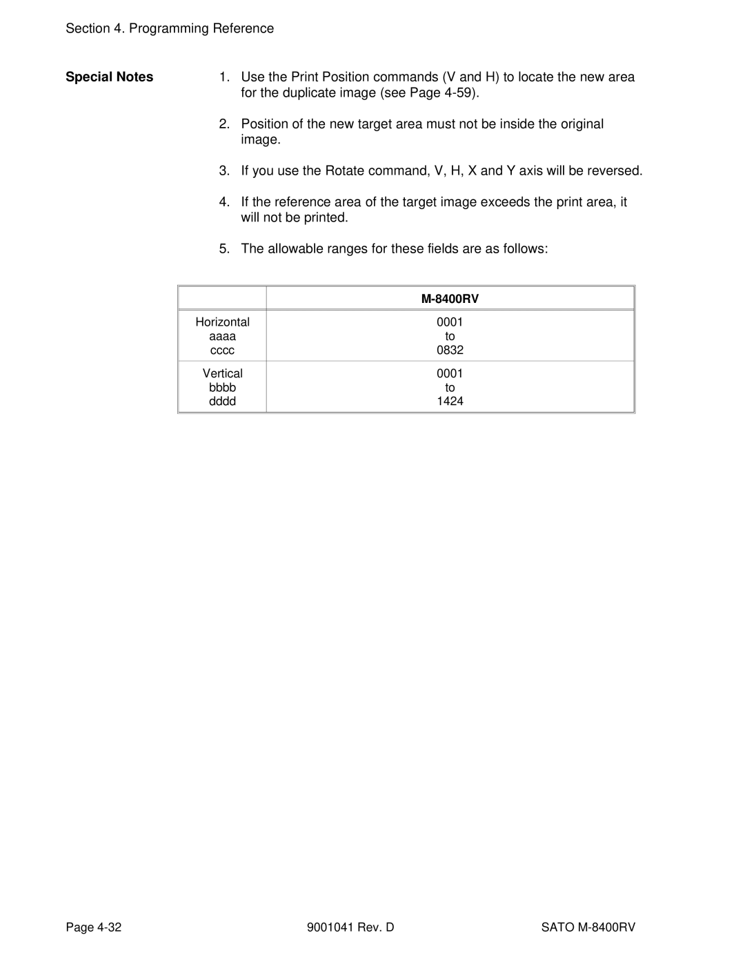 SATO M-8400RV For the duplicate image see, Image, Will not be printed, Allowable ranges for these fields are as follows 