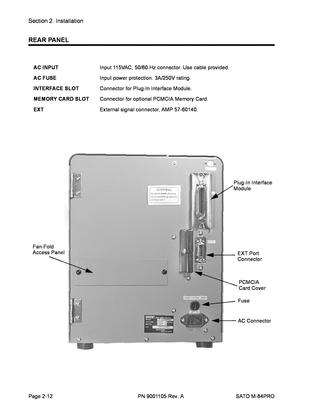 SATO M-84PRO manual Rear Panel, Installation, Ac Input, Ac Fuse, Interface Slot, Memory Card Slot 