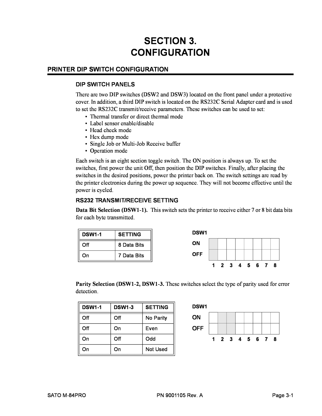 SATO M-84PRO Section Configuration, Printer Dip Switch Configuration, Dip Switch Panels, RS232 TRANSMIT/RECEIVE SETTING 