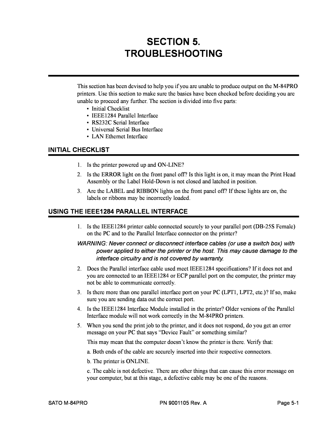 SATO M-84PRO manual Section Troubleshooting, Initial Checklist, USING THE IEEE1284 PARALLEL INTERFACE 
