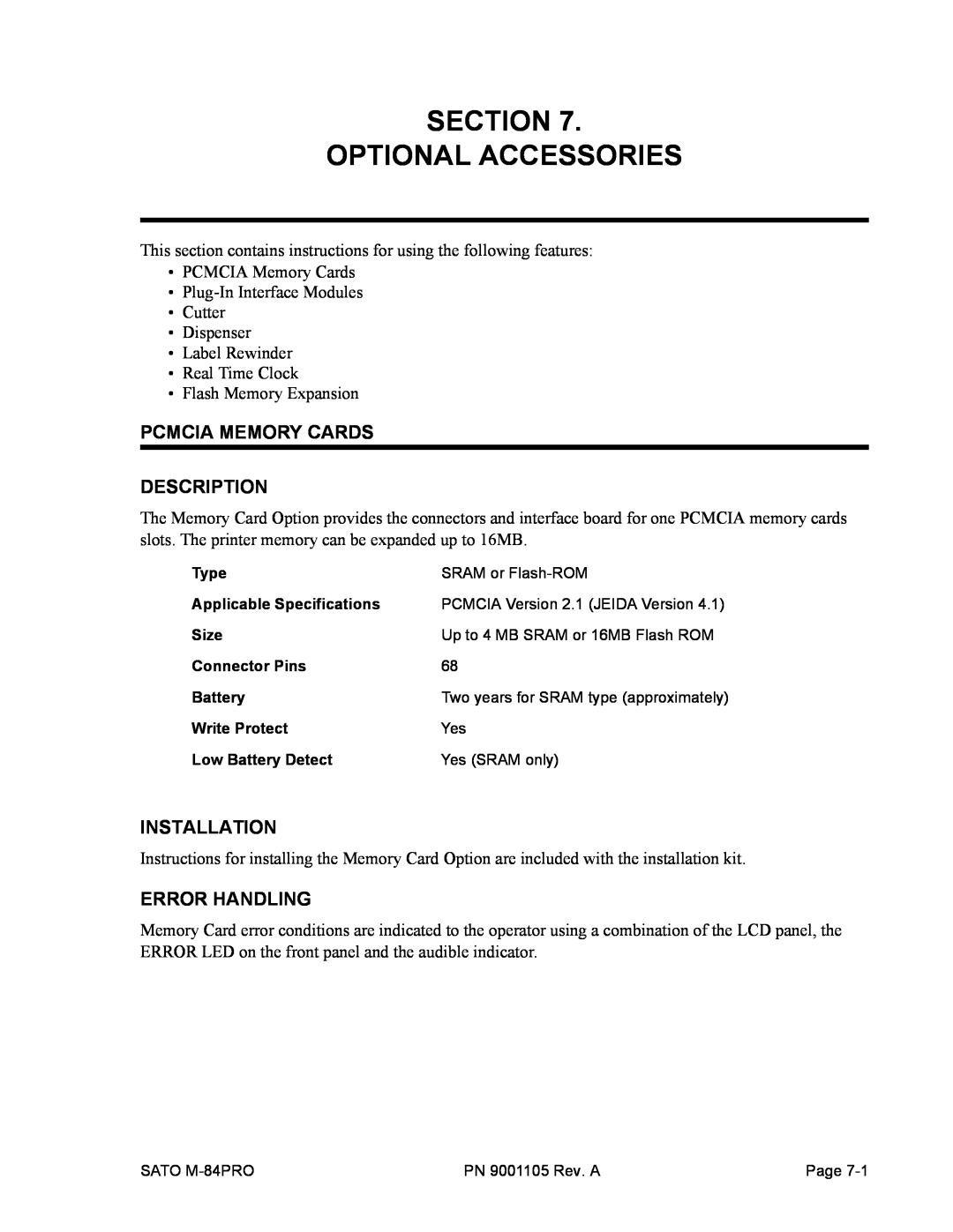 SATO M-84PRO manual Section Optional Accessories, Pcmcia Memory Cards Description, Installation, Error Handling 