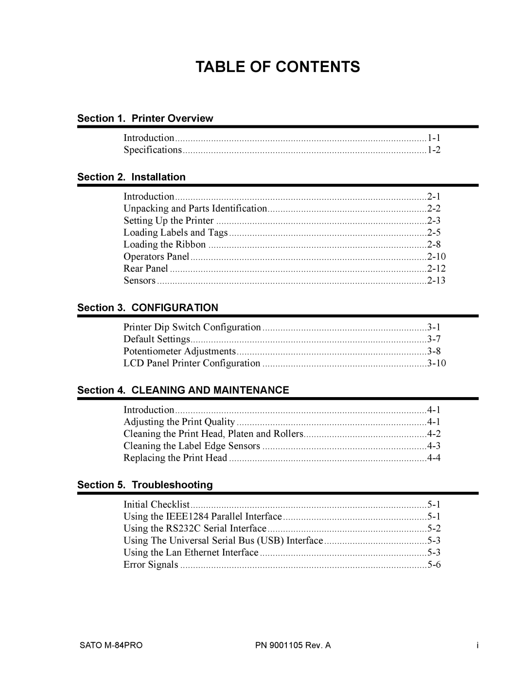 SATO M-84PRO manual Table of Contents 