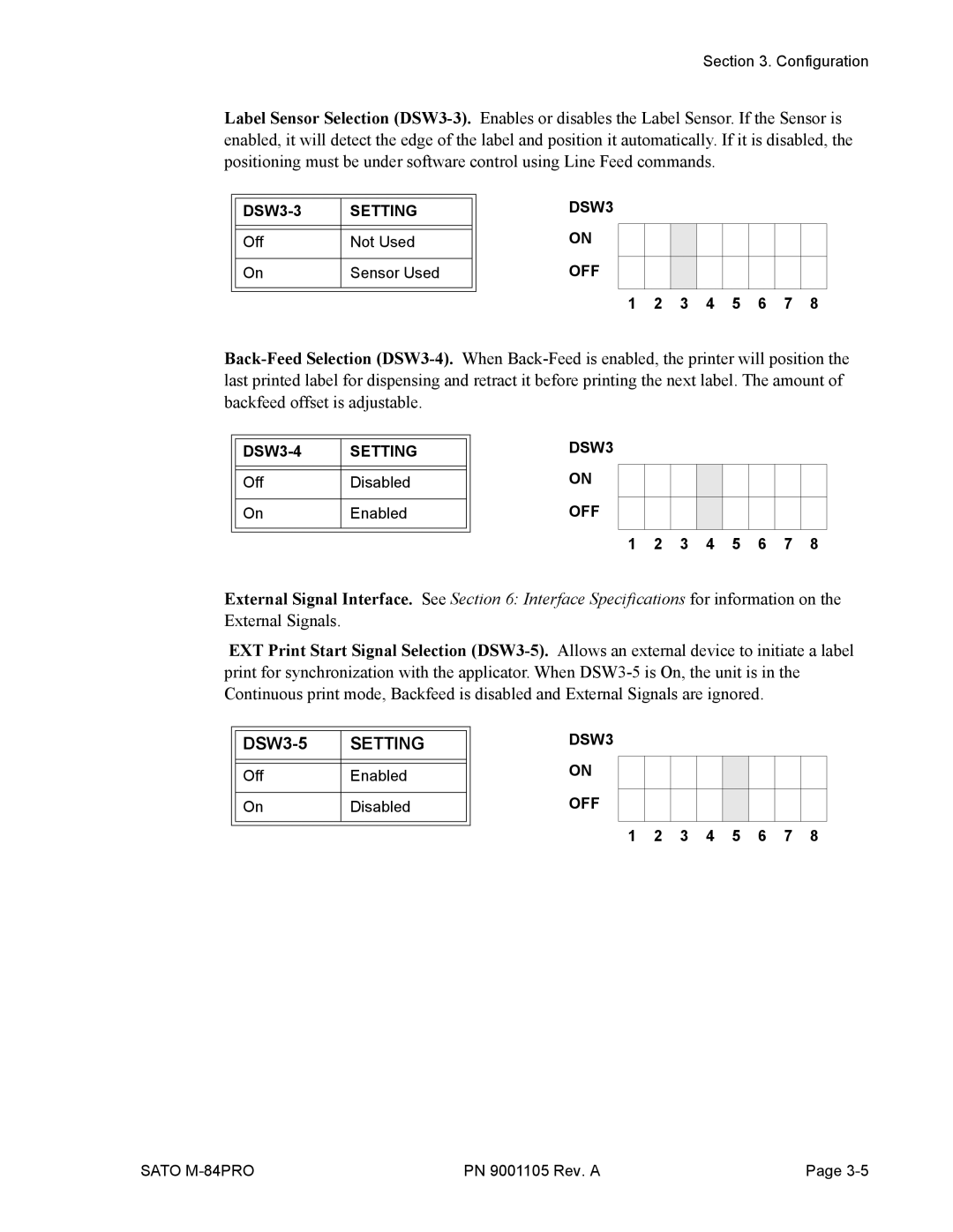 SATO M-84PRO manual Setting, DSW3 OFF 