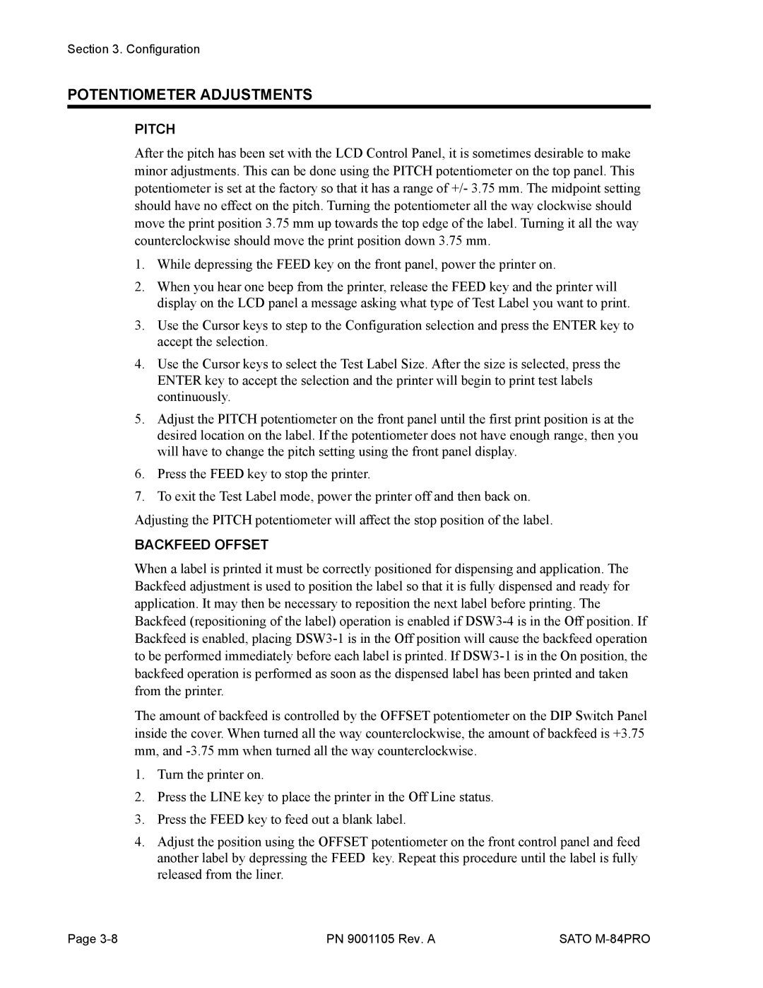 SATO M-84PRO manual Potentiometer Adjustments, Pitch, Backfeed Offset 