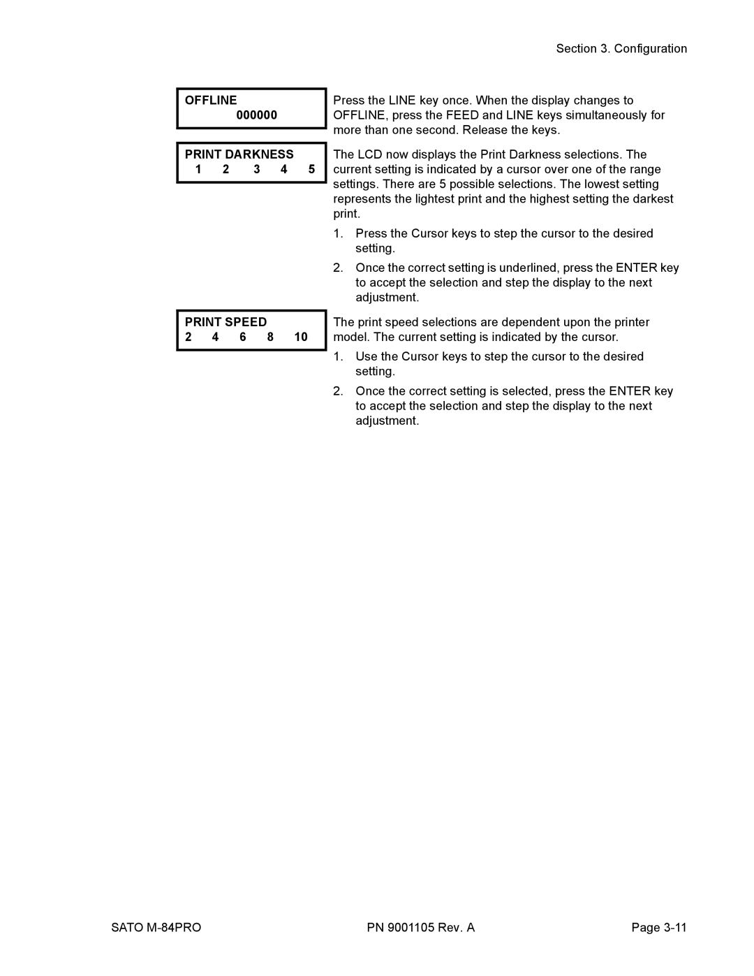 SATO M-84PRO manual Print Darkness, Print Speed 