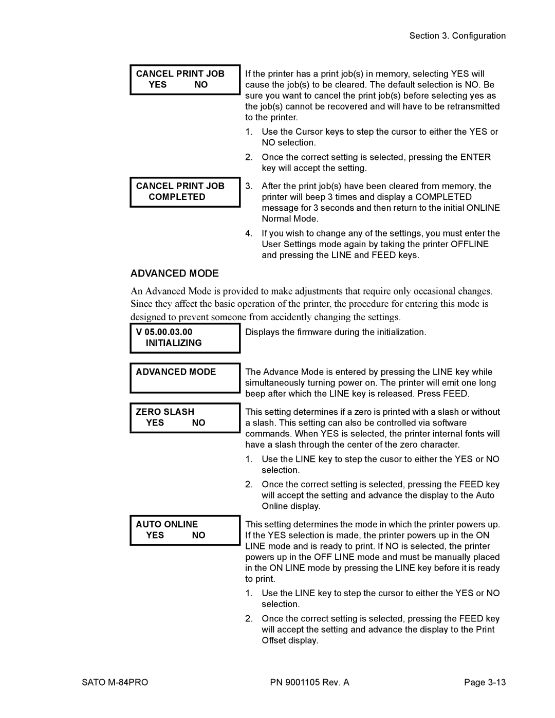 SATO M-84PRO manual Cancel Print JOB YES no Completed, Initializing Advanced Mode, Zero Slash YES no Auto Online 