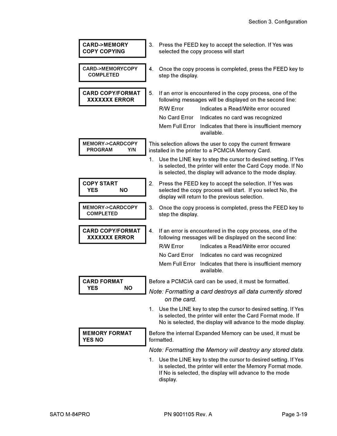 SATO M-84PRO manual MEMORY-CARDCOPY Program Y/N 