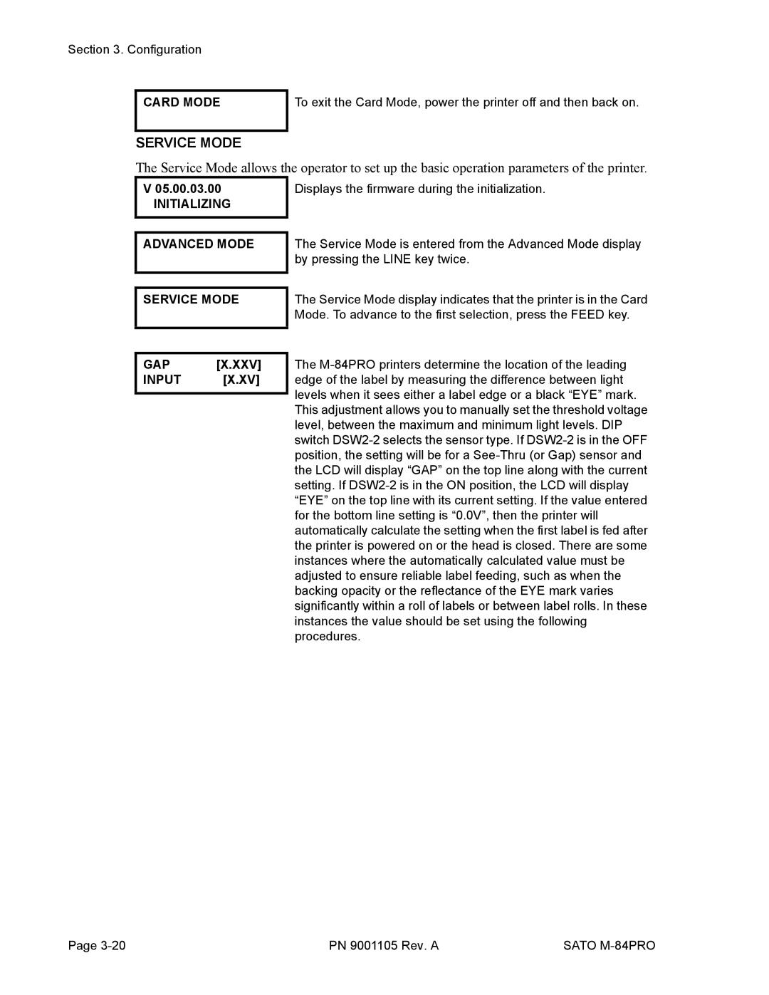 SATO M-84PRO manual Initializing Advanced Mode Service Mode GAP Input 