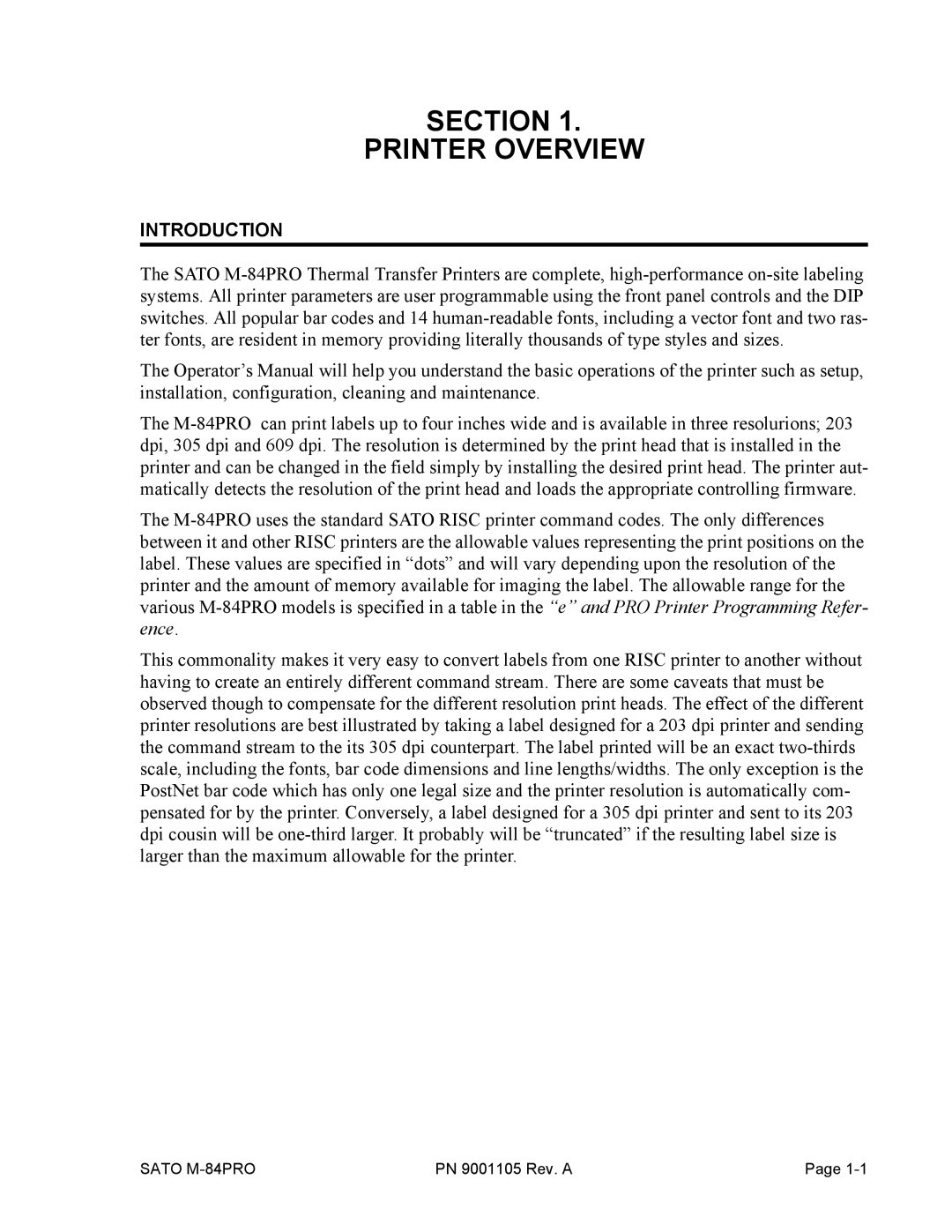 SATO M-84PRO manual Section Printer Overview, Introduction 