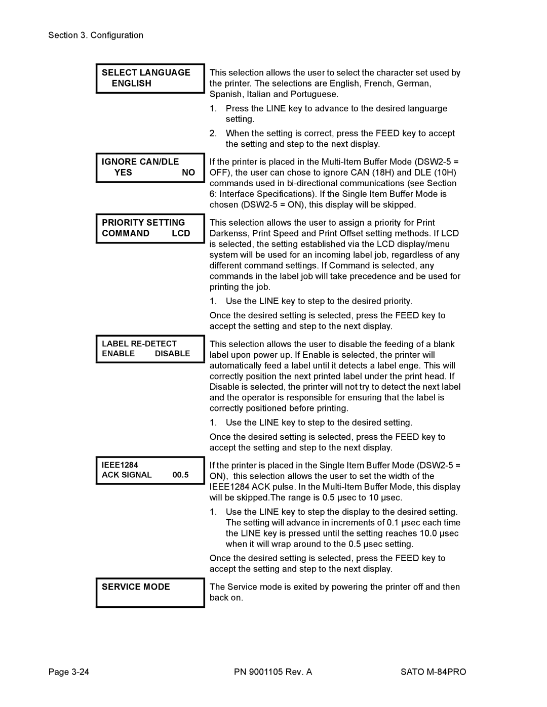 SATO M-84PRO manual Label RE-DETECT Enable Disable 