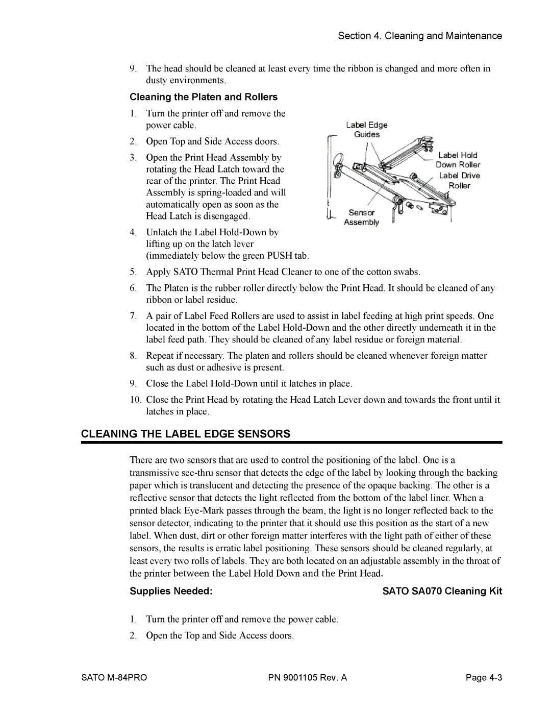 SATO M-84PRO manual Cleaning the Label Edge Sensors, Cleaning the Platen and Rollers 