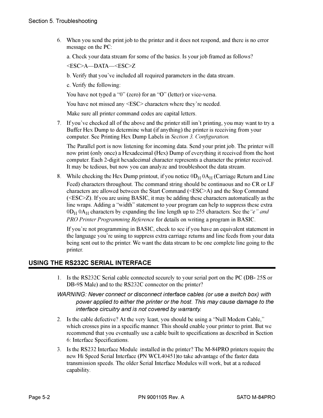 SATO M-84PRO manual Using the RS232C Serial Interface, Troubleshooting 