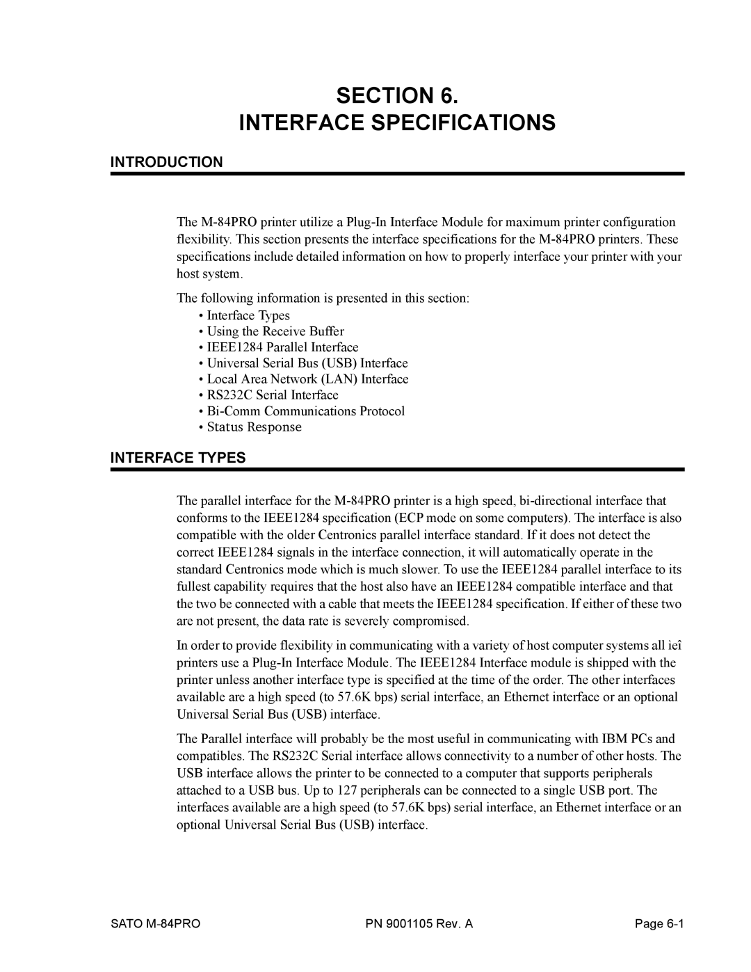 SATO M-84PRO manual Section Interface Specifications, Interface Types 