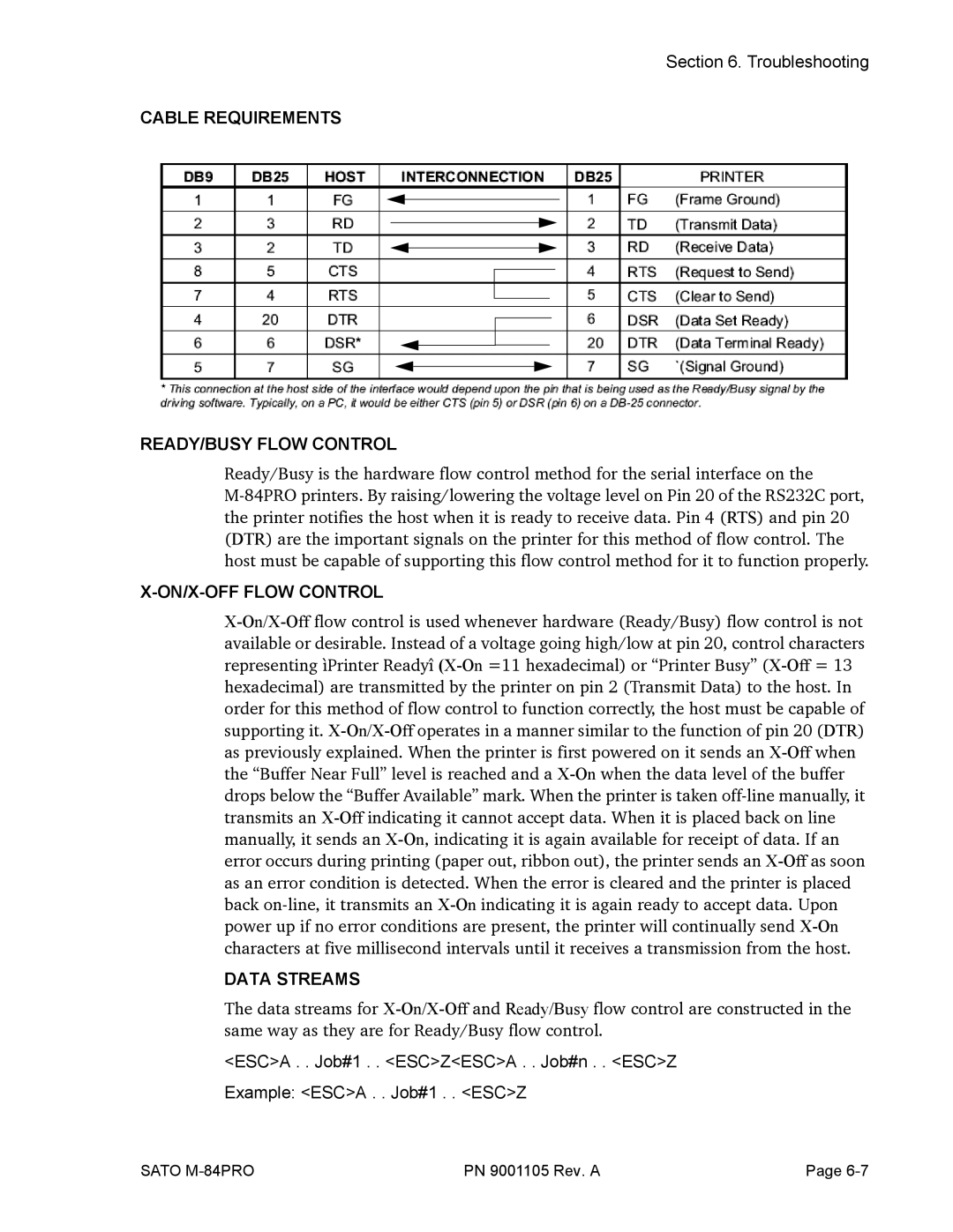 SATO M-84PRO manual Cable Requirements READY/BUSY Flow Control, ON/X-OFF Flow Control 