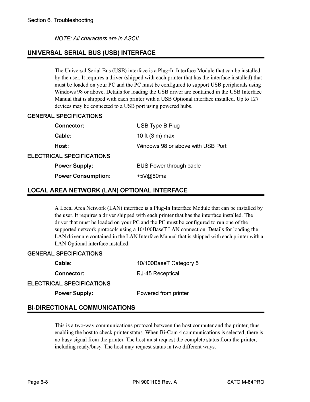 SATO M-84PRO Universal Serial BUS USB Interface, Local Area Network LAN Optional Interface, BI-DIRECTIONAL Communications 
