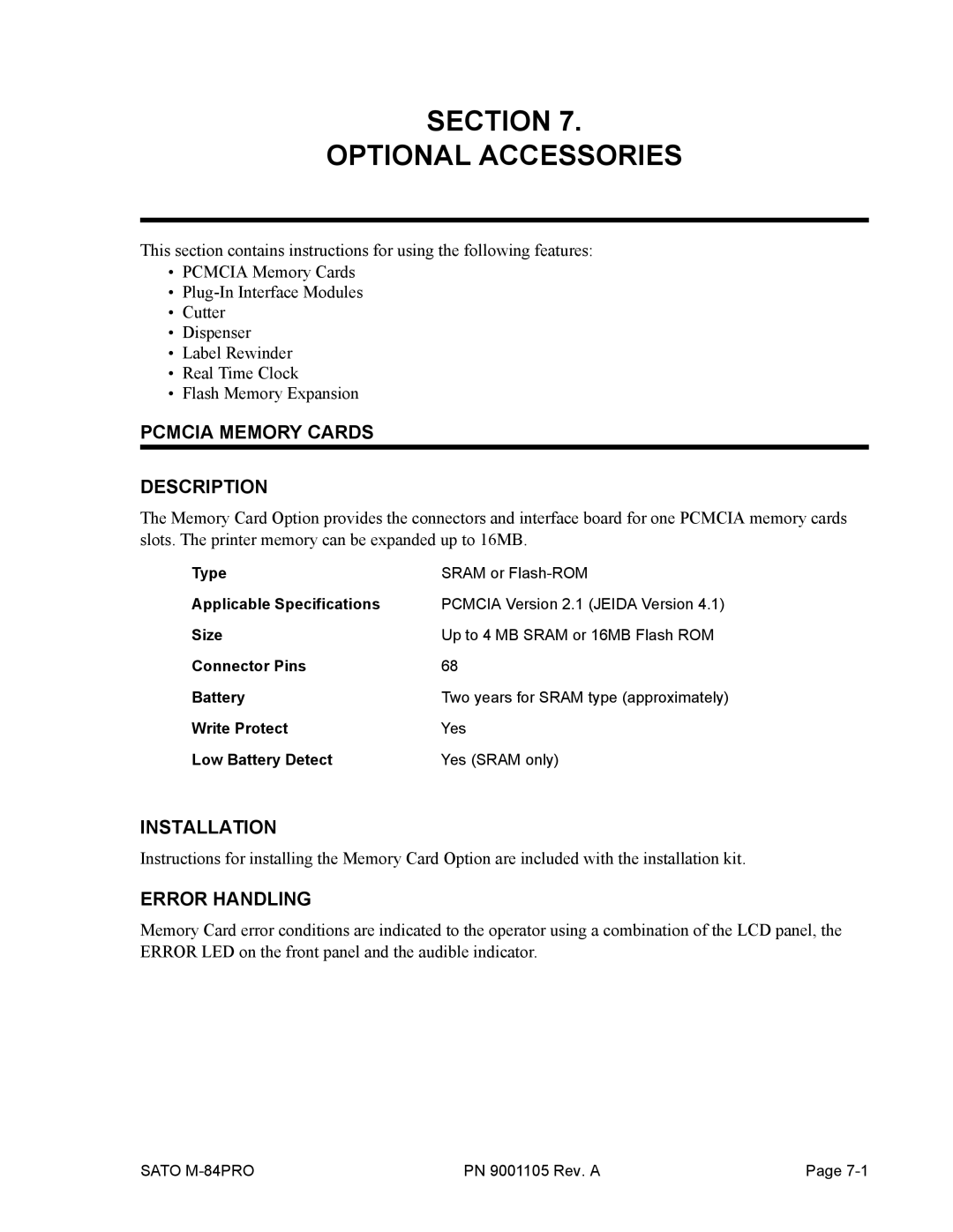 SATO M-84PRO manual Pcmcia Memory Cards Description, Installation, Error Handling 