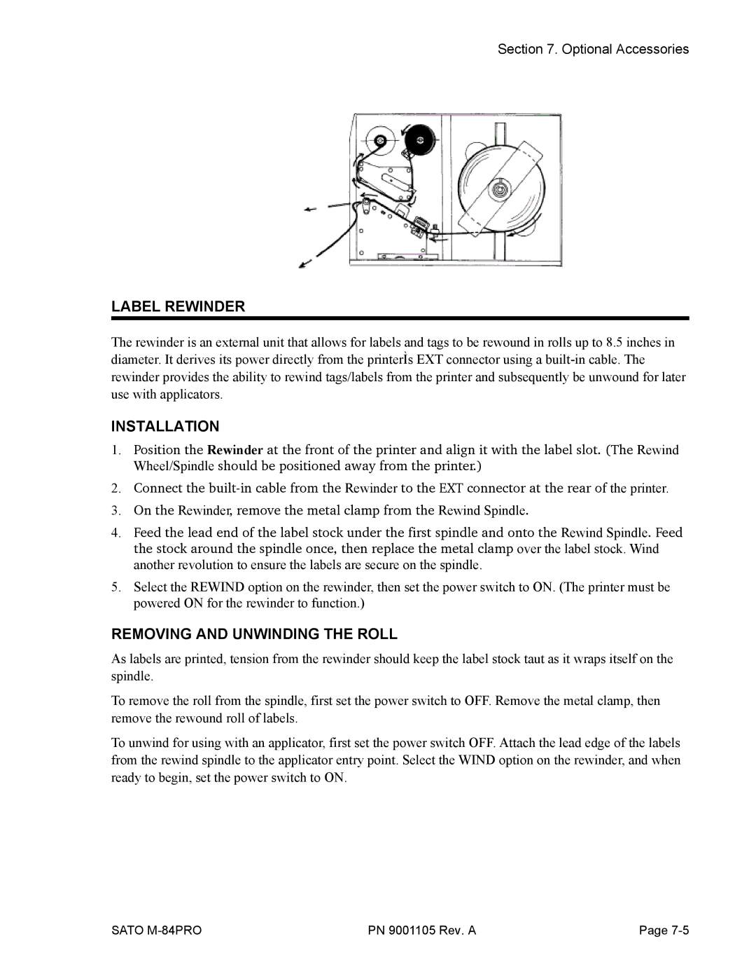 SATO M-84PRO manual Label Rewinder, Removing and Unwinding the Roll 