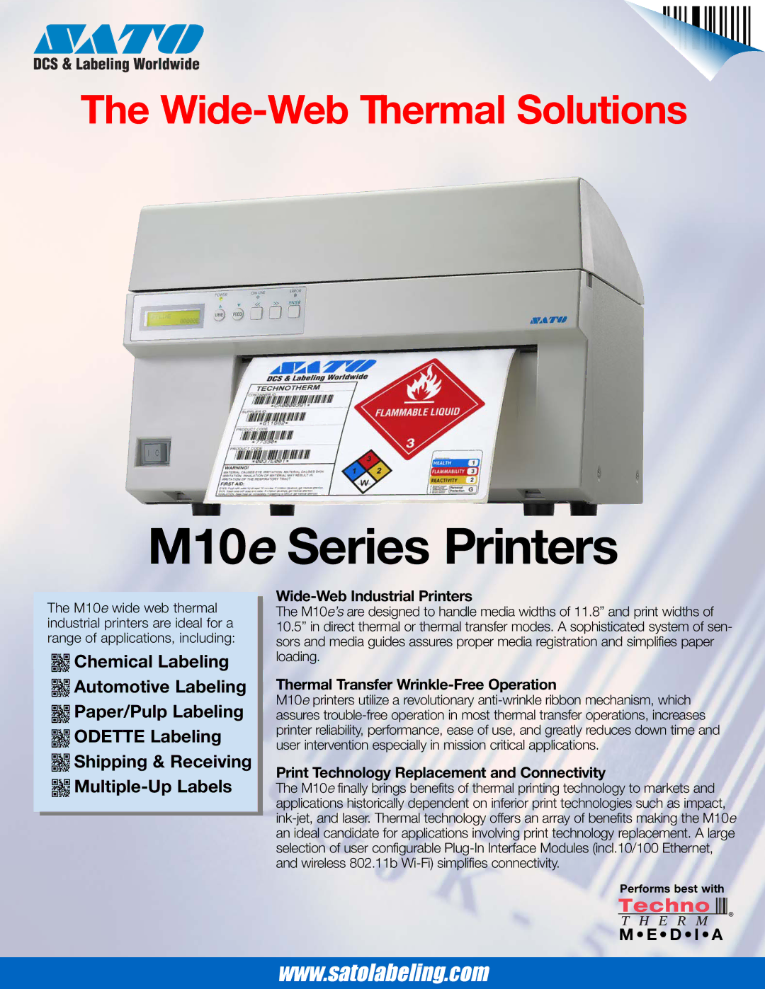 SATO M10e Series manual Wide-Web Industrial Printers, Thermal Transfer Wrinkle-Free Operation, Performs best with 