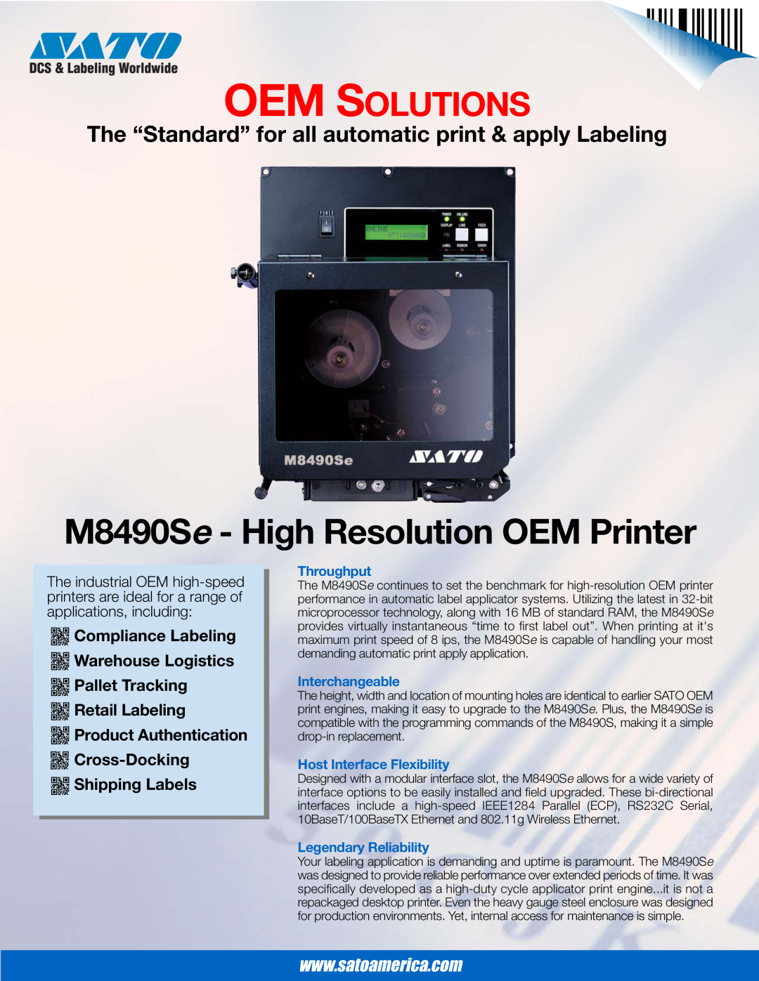 SATO manual M8490Se - High Resolution OEM Printer, Oem Solutions, Throughput, Interchangeable, Legendary Reliability 