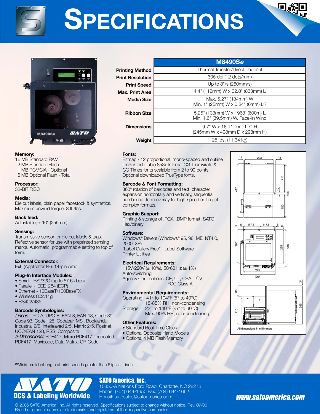 SATO M8490Se manual Specifications, SATO America, Inc, A Nations Ford Road, Charlotte, NC, Phone 704 644-1650 Fax 704 