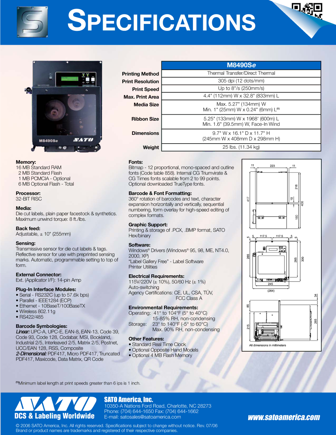 SATO M8490Se Memory, Processor, Media, Back feed, Sensing, External Connector, Plug-In Interface Modules, Fonts, Software 